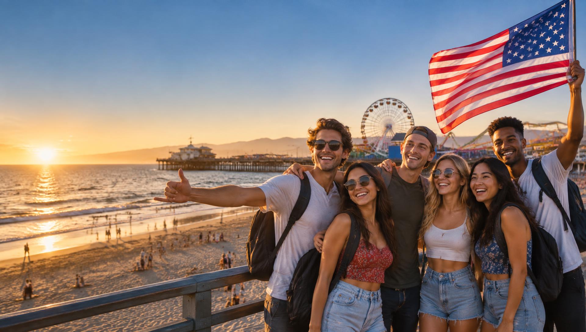 Young Work and Travel students with a USA flag at Santa Monica Pier