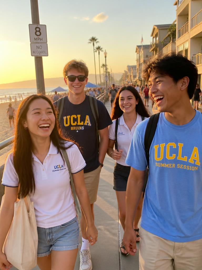 Students walking on a US beach boardwalk at sunset