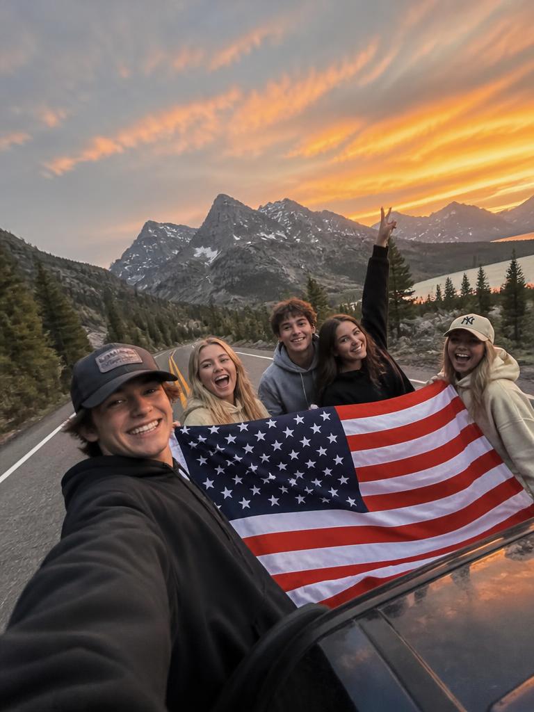 Students on a US road trip holding an American flag